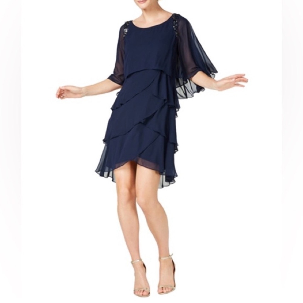 Elegant‎ Navy Layered Evening cocktail Dress by SLNY from Nordstrom Sz-14.  DD17